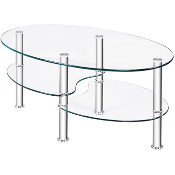 35インチ シルバー ミディアム オーバル ガラス コーヒー テーブル 棚付き